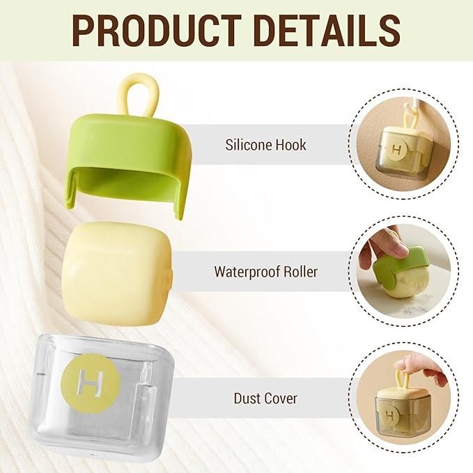 Product details of a green silicone hook with waterproof roller and dust cover on a light background.